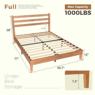 Solid Wood Bed Frame - Mattress Base With Headboard, No Spring Box Required, 1100 Pounds Of Sturdy Wooden Strips For Support