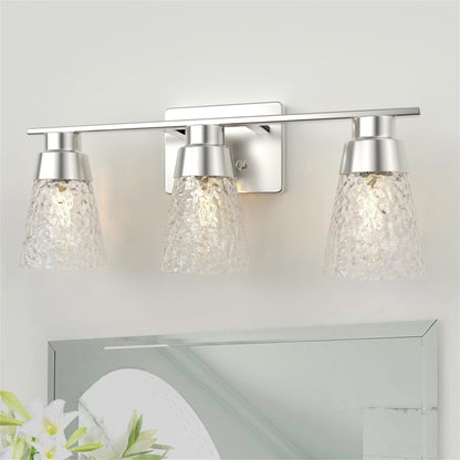 3 Light Brushed Nickel Bathroom Vanity Light Fixtures With Clear Hammered Glass Shade, 22 Inch Bathroom Lighting Fixtures Over Mirror, For Bathroom Shower Toilet