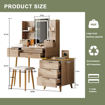 7-Drawer Vanity Desk With LED Mirror & Carved Details, Fluted Makeup Table With Metal Legs And PU Stool, Carved Dressing Table With Jewelry Storage For Bedroom