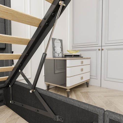 Queen Size Bed Frame With Storage - Lift Up Storage Bed With Modern Wingback Headboard, USB Ports