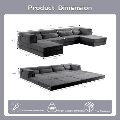 Compression Mahjong Sofa,Convertible Floor Sofa Bed,DIY Boneless Modular Sectional Sofa,No Assembly Required,Circle Fleece Fabric,Oversized 4 Seater With 2 Ottoman,Dark-grey