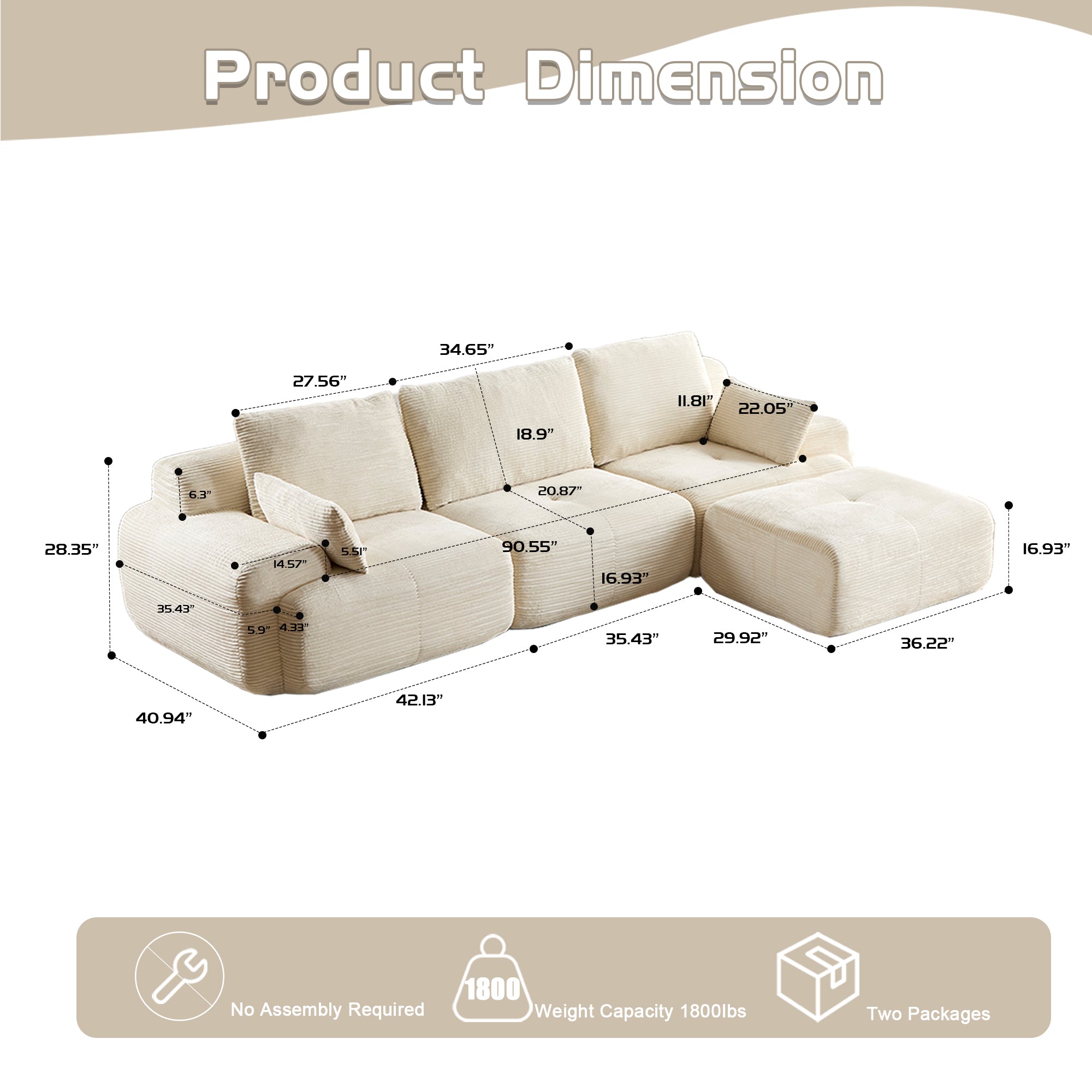 Beige Corduroy Sectional Sofa Memory Foam