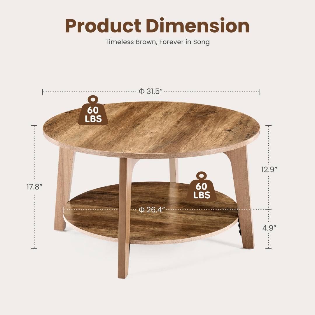 Round Coffee Table, 32 Wood Coffee Tables For Living Room With Storage, 2-Tier Center Circle Counter With Wooded Desktop
