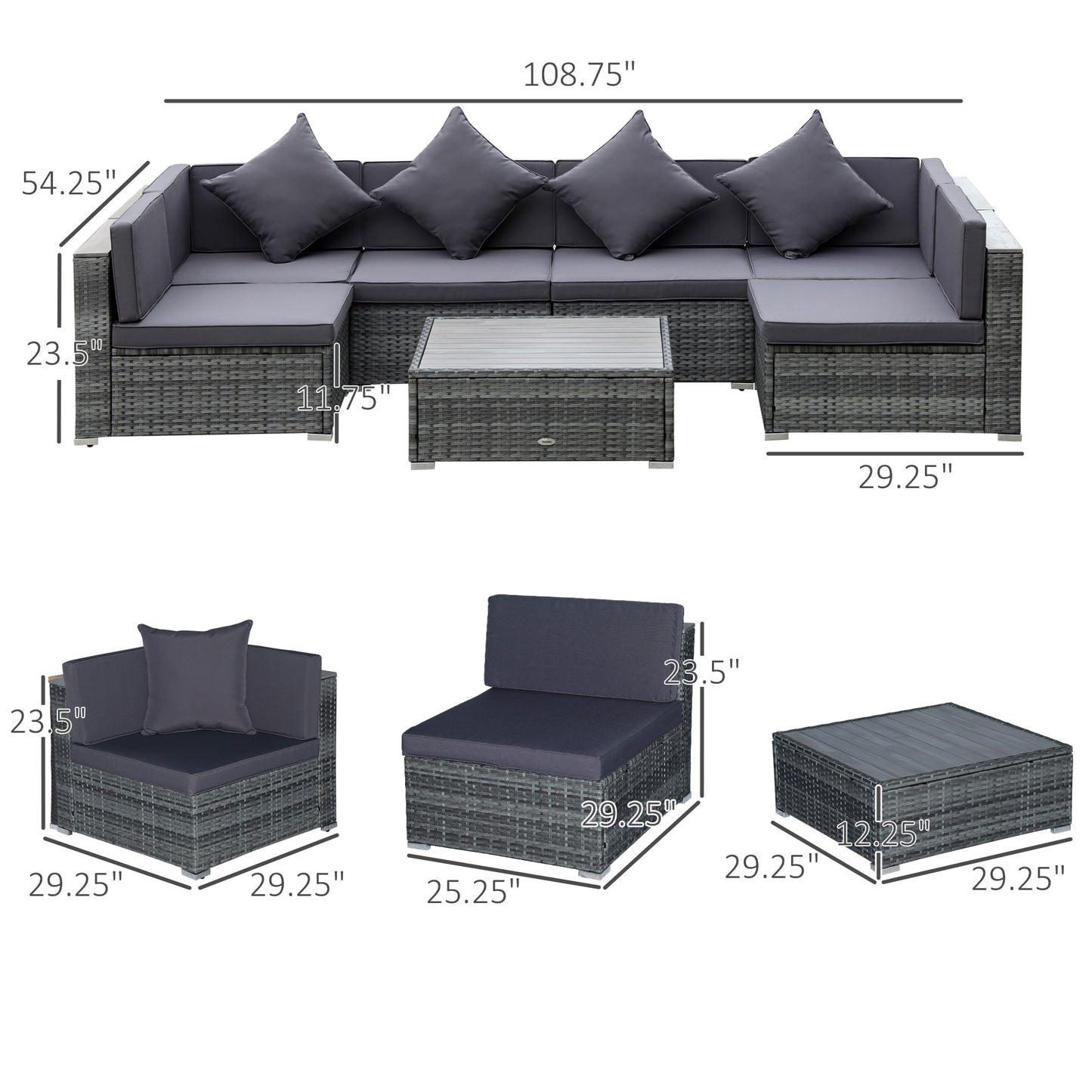 7-Piece Patio Furniture Sets PE Rattan Sectional Sofa Set Outdoor Conversation Set w/Acacia Top Coffee Table & Cushion for Garden, Backyard, Grey