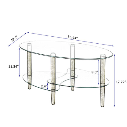 Transparent Oval Glass Coffee Table Modern Table Wood Leg Tea Table 3-layer
