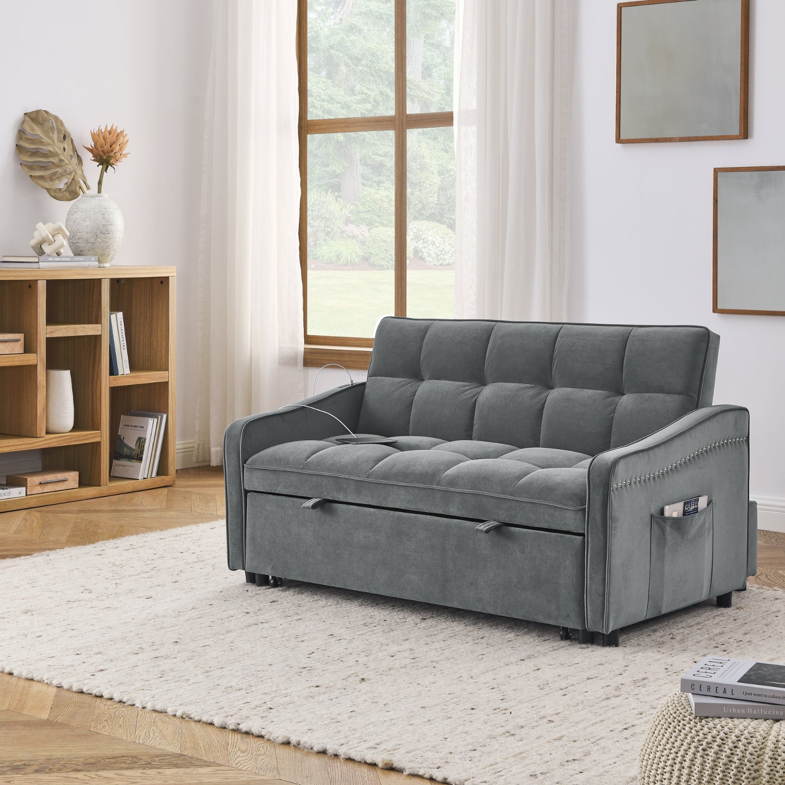Grey Velvet Sofa Bed Pull-Out Adjustable Back