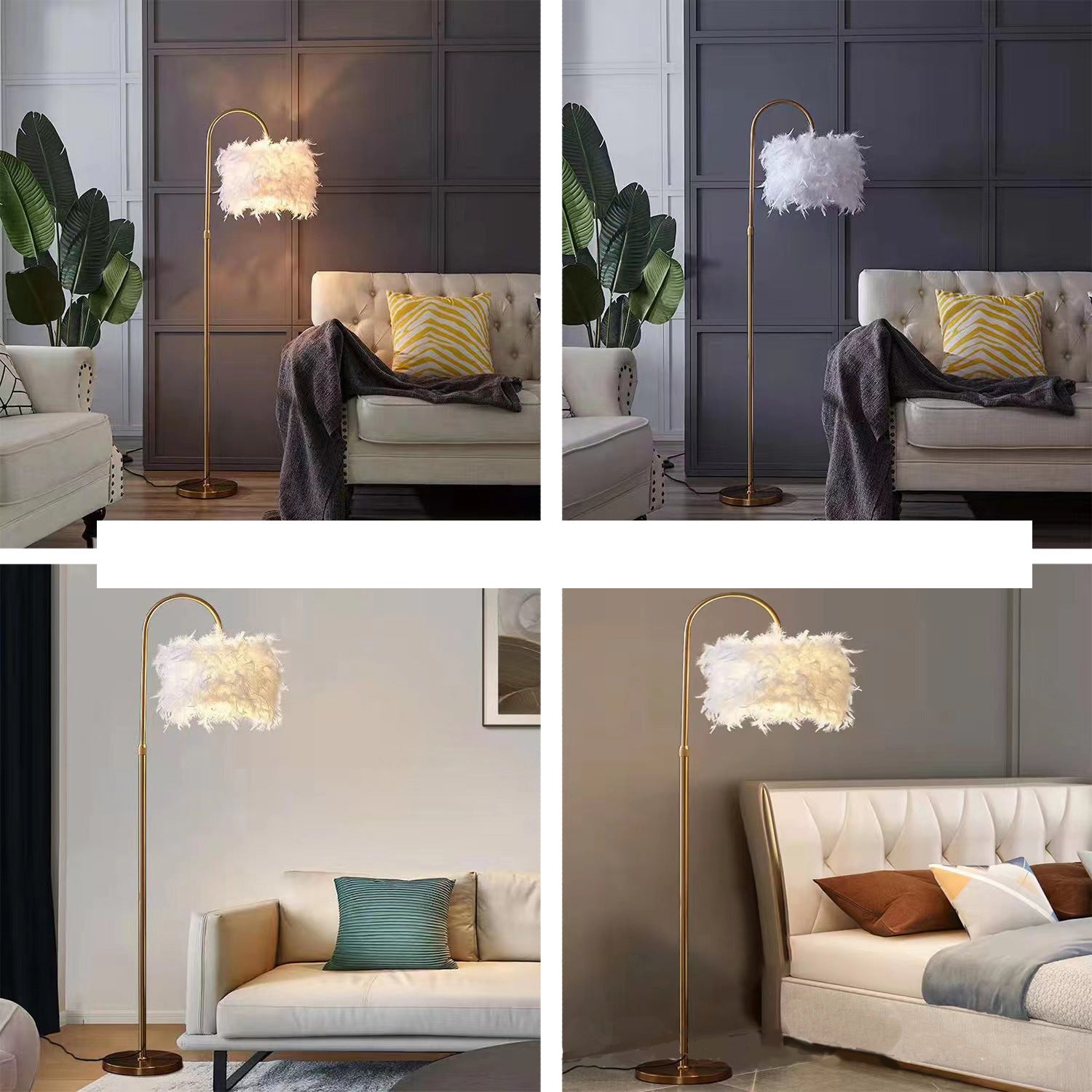 Gold Feather Floor Lamp With Curved Design