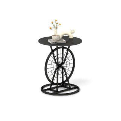 2 Piece Vintage Industrial Wheel Design Side Table, Round Accent Table With Metal Frame, Rustic Coffee Table For Living Room, Bedroom, And Office