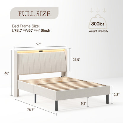 Platform Bed Frame With Fabric Upholstered Headboard And Wooden Slats Support, Fully Upholstered Mattress