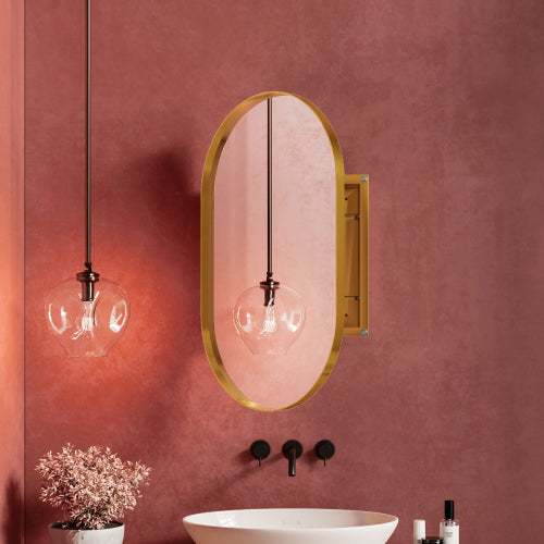 20x34 Inch Oval Recessed Medicine Cabinet, Metal Framed Bathroom Wall Cabinet With Mirror And Adjustable Shelves, Wall Mirror With Storage For Bathroom, Matte Gold