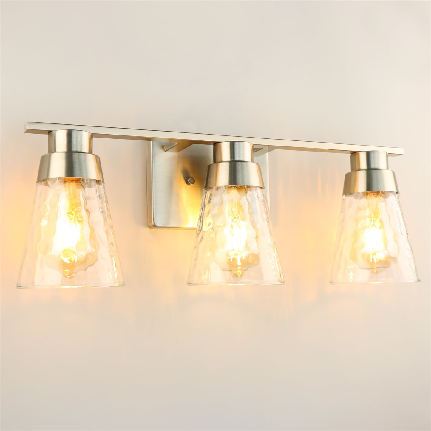 3 Light Brushed Nickel Bathroom Vanity Light Fixtures With Clear Hammered Glass Shade, 22 Inch Bathroom Lighting Fixtures Over Mirror, For Bathroom Shower Toilet