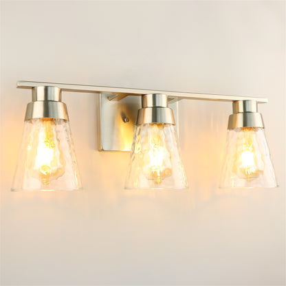 3 Light Brushed Nickel Bathroom Vanity Light Fixtures With Clear Hammered Glass Shade, 22 Inch Bathroom Lighting Fixtures Over Mirror, For Bathroom Shower Toilet