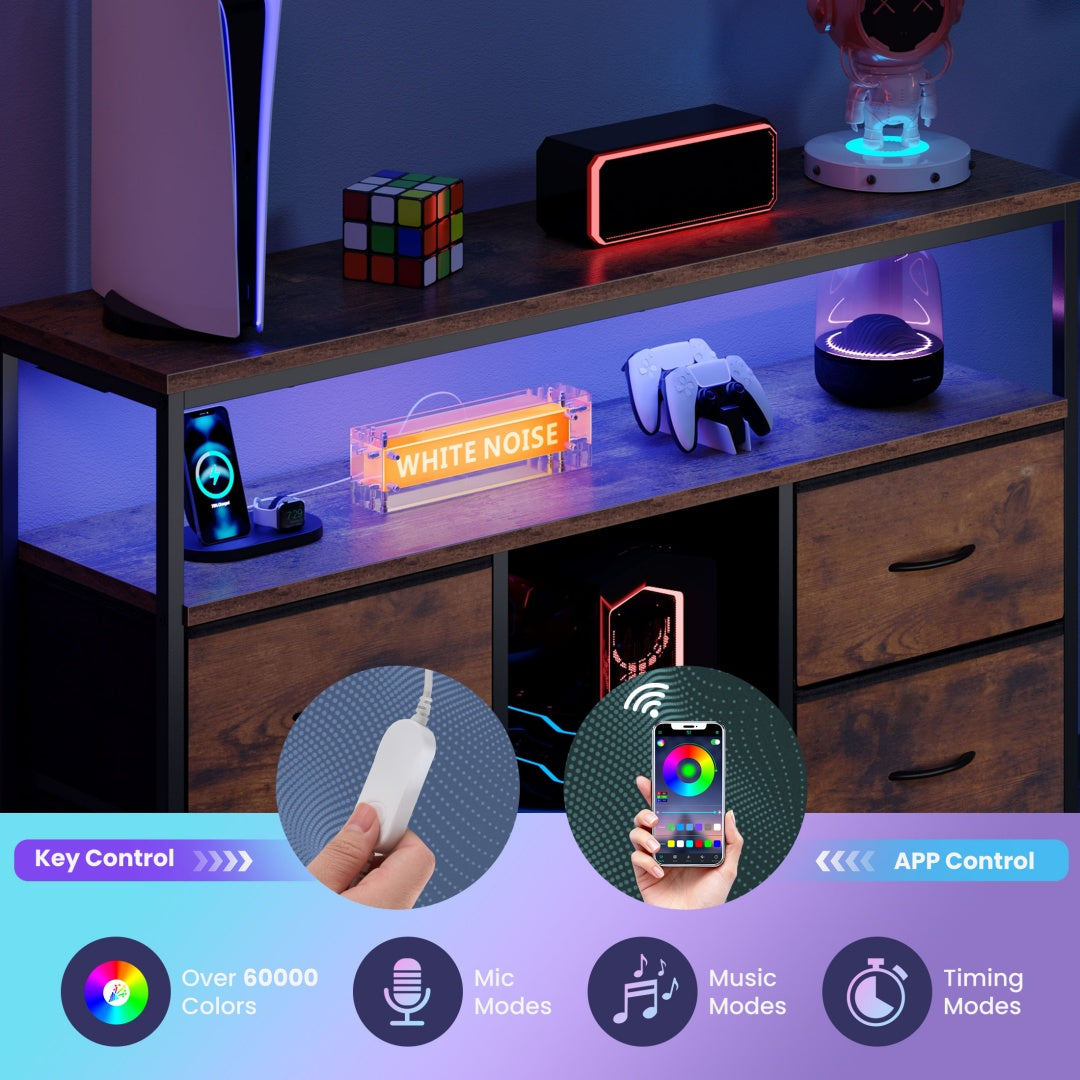 TV Stand, 4 Drawers, With LED Lights And Power Sockets, 50-inch TV Living Room Furniture, With Open Shelves And Adjustable Feet