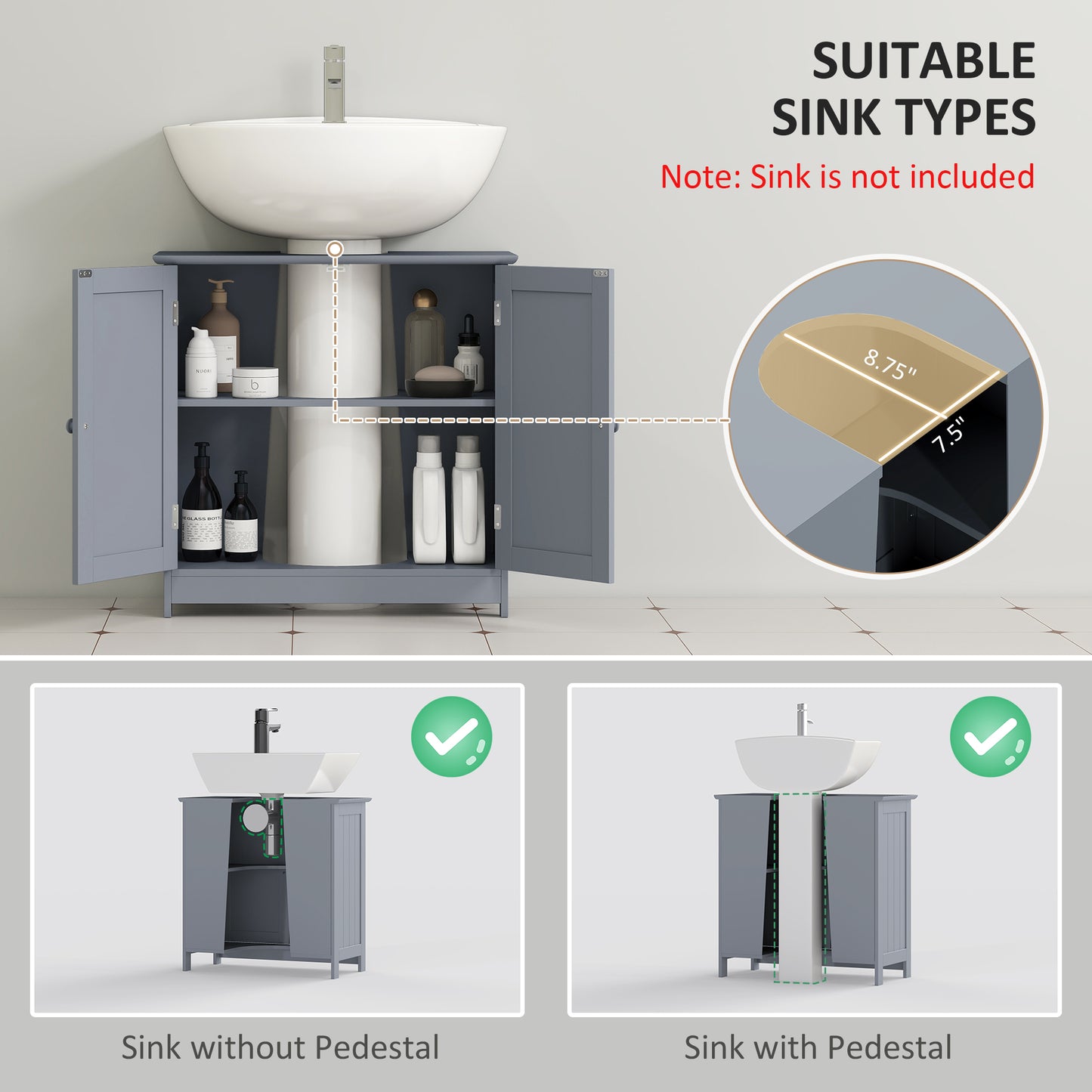 Under Sink Bathroom Cabinet, Pedestal Sink Storage Cabinet with 2 Doors, Shelf and U-Shape, Gray