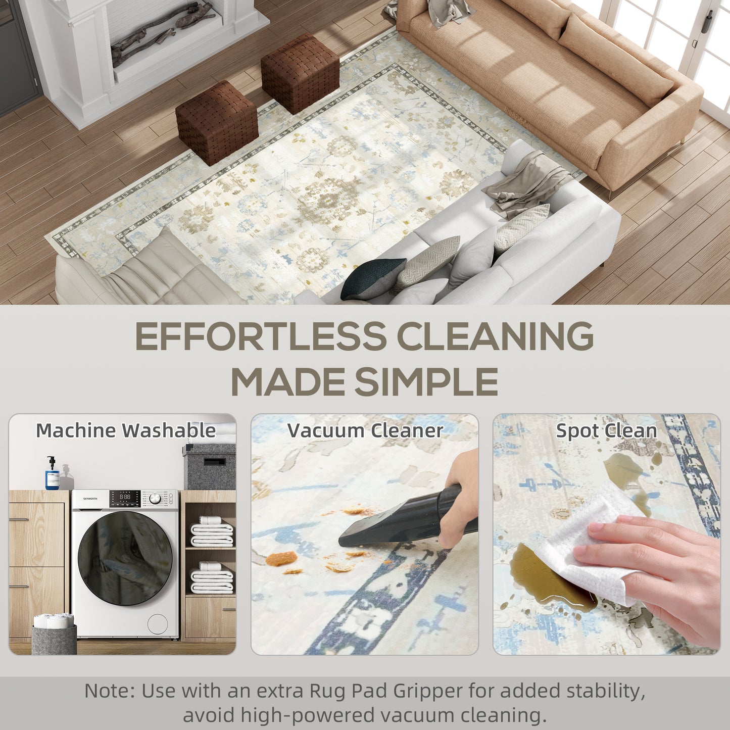 8x10 Area Rug, Indoor Boho Machine Washable Carpet For Living Room, Bedroom, Dining Room, Kitchen, Blue