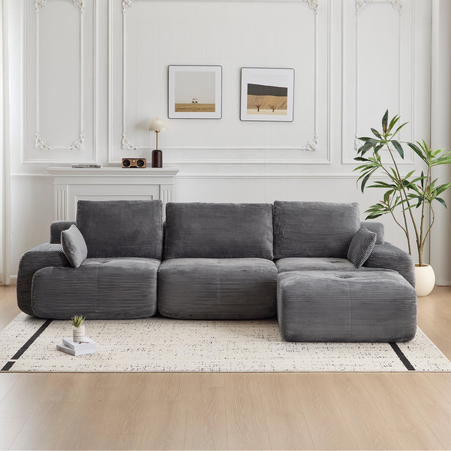 Modern Memory Foam Compressed Sofa,Large Sectional Couches For Living Room,Pet-Friendly Cloud Modular Sectional Sofa,Corduroy Fabric,Extra Deep Loveseat,No Assembly Required,GREY