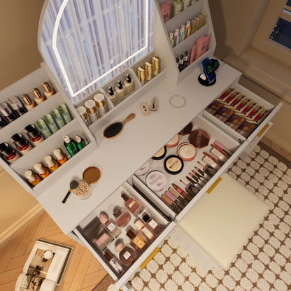 47.2 Makeup Vanity With Mirror And Light, Vanity Desk With Cushioned Storage Stool, Dressing Table With Two Organizers,3 Drawers And 2 Cabinets For Bedroom, White