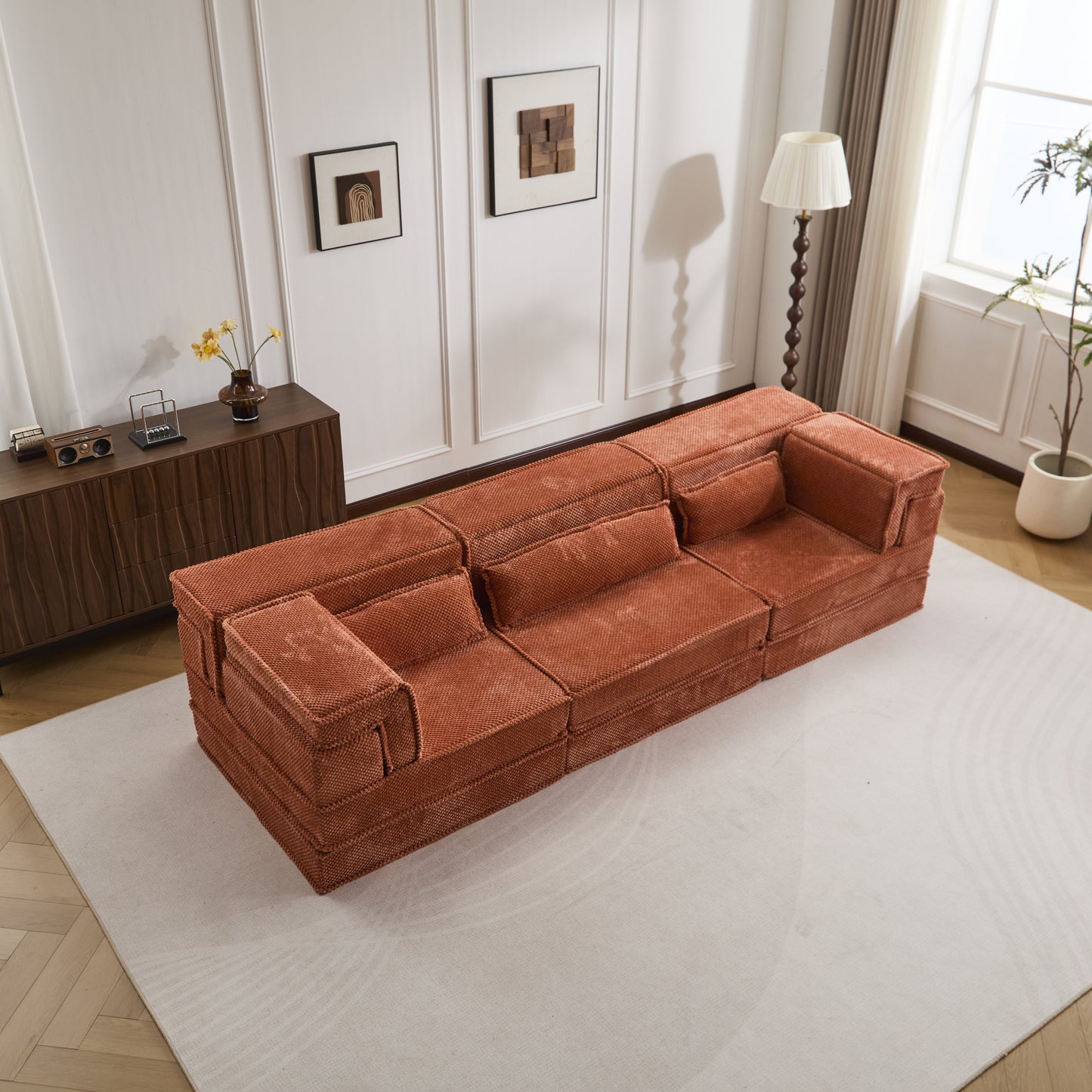 Compression Mahjong Sofa,Convertible Floor Sofa Bed,DIY Boneless Modular Sectional Sofa,No Assembly Required,Circle Fleece Fabric,Oversized 3 Seater With 3 Pillows,Orange