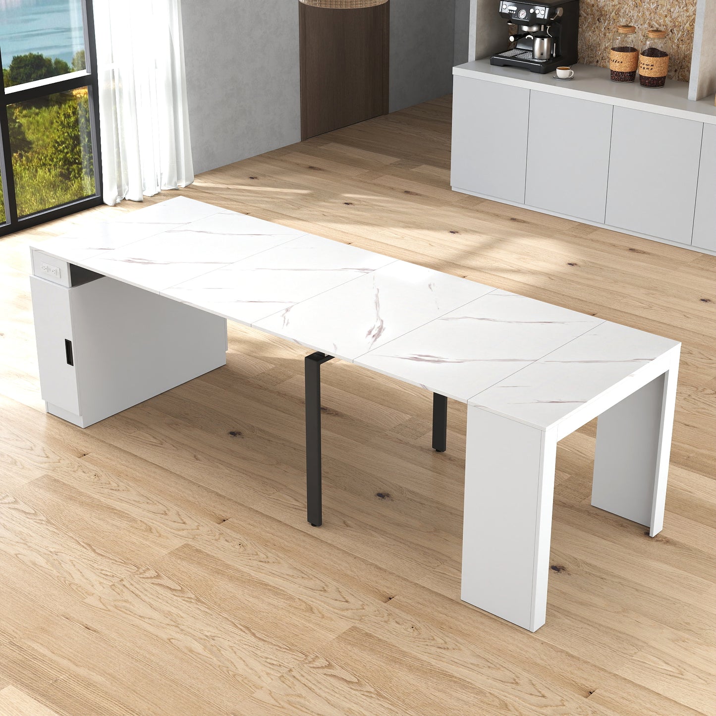 Modern Multifunctional Extendable Dining Table With Outlet, Space Saving Expanding Table With Storage For Party, Weddings, Meetings, Celebrations