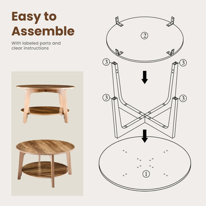 Round Coffee Table, 32 Wood Coffee Tables For Living Room With Storage, 2-Tier Center Circle Counter With Wooded Desktop