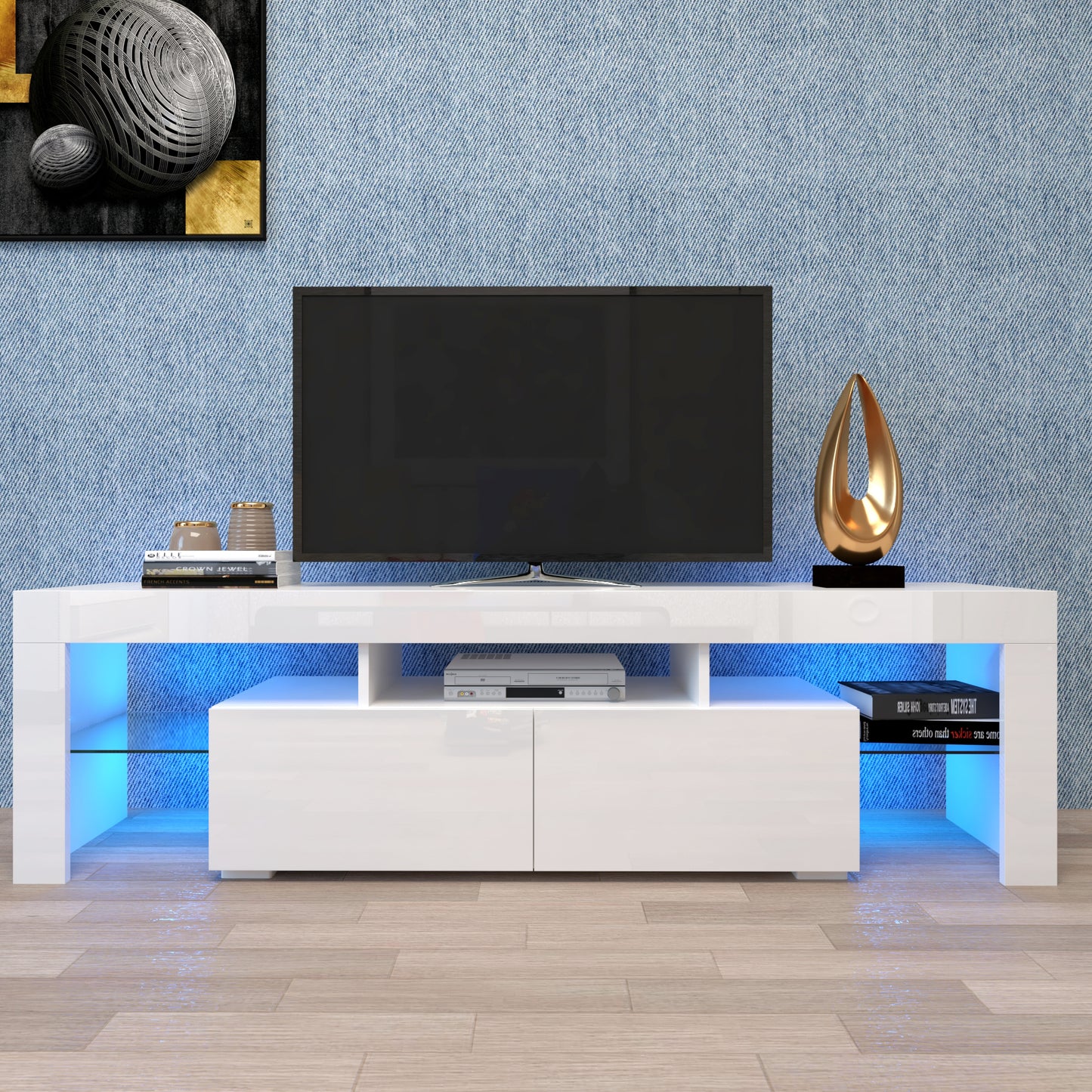 Modern White TV Stand, 20 Colors LED TV Stand W Remote Control Lights