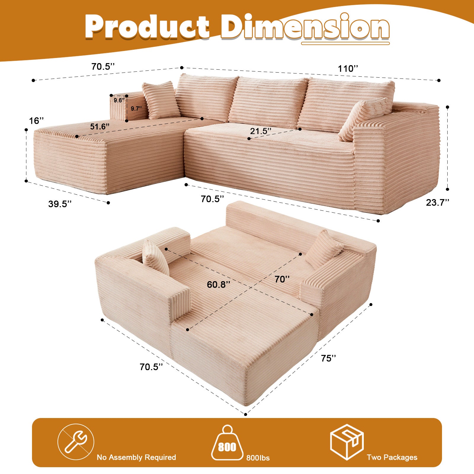 Beige Corduroy Sectional Sofa