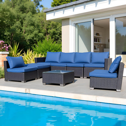 Seven-Piece Sofa Set Table With Sofa Chair Black PE Rattan Outdoor Furniture 7-JH001 Box 3-1-2-3 With Blue Color Cushion
