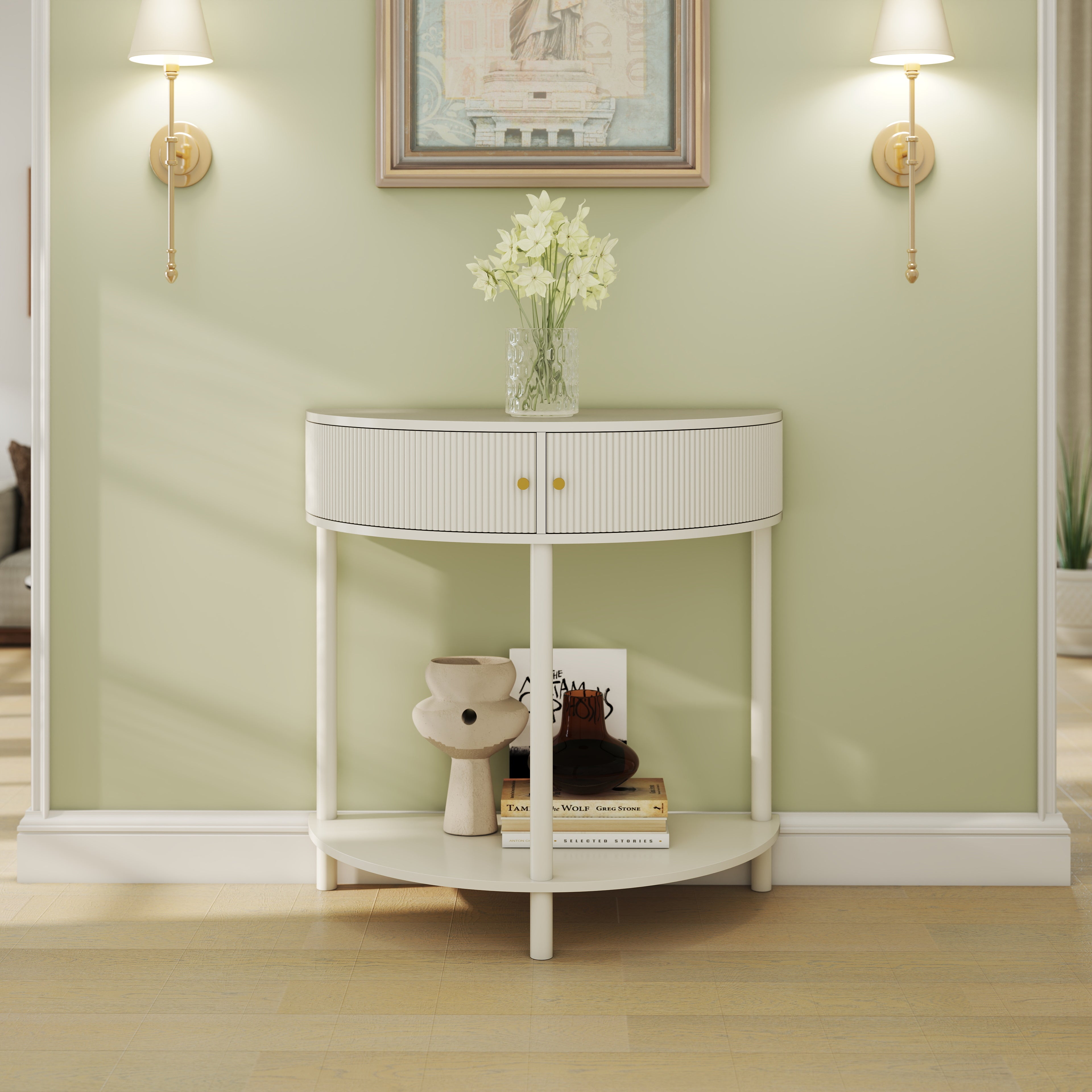 Wave-Pattern Console Table Creamy White Living Room