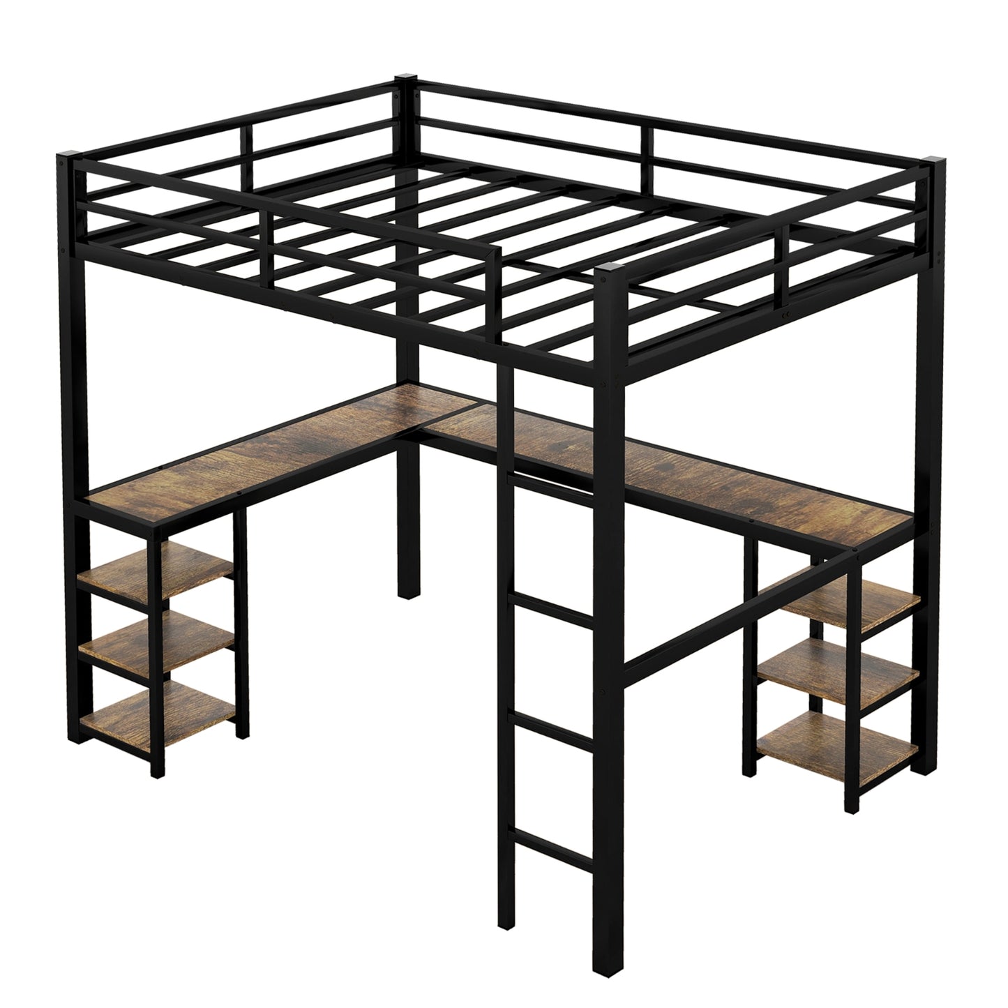 Full Metal Loft Bed With Desk And Shelves, Loft Bed With Ladder And Guardrails, Loft Bed Frame For B