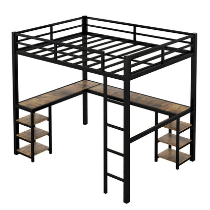 Full Metal Loft Bed With Desk And Shelves, Loft Bed With Ladder And Guardrails, Loft Bed Frame For B