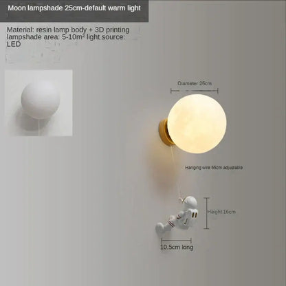 A white resin wall lamp with a 3d printed astronaut hanging below an adjustable led decorbites astronaut moon lamp