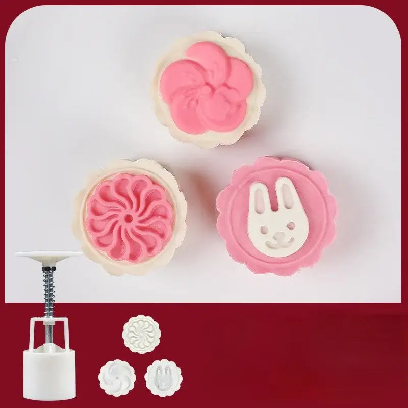 Pink and white floral and bunny-shaped decorbites 3d cherry blossom mooncake mold with matching pressing tool for baking