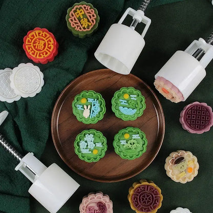 White plastic decorbites 3d cherry blossom mooncake molds with spring-loaded mechanism and decorative bases for baking