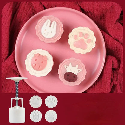 White plastic mooncake mold set with animal and paw print designs for decorbites 3d cherry blossom mooncake baking