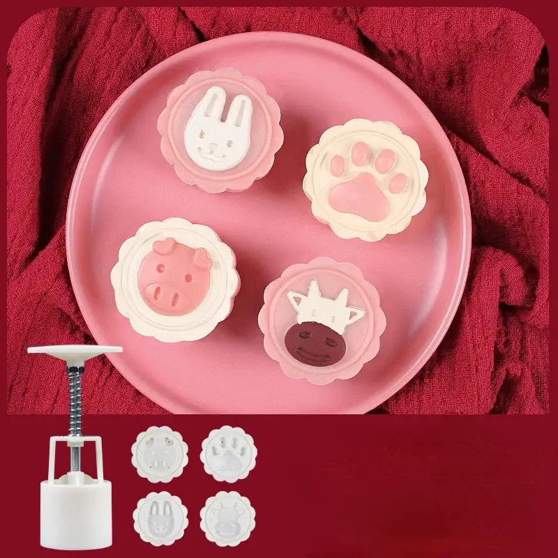 White plastic mooncake mold set with animal and paw print designs for decorbites 3d cherry blossom mooncake baking