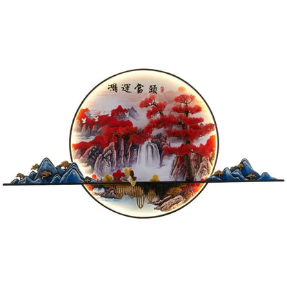 Circular decorbites 3d chinese pine landscape wall lamp with vibrant red and blue mountain design and warm backlit decor