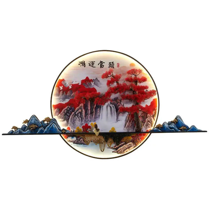 Circular decorbites 3d chinese pine landscape wall lamp with vibrant red and blue mountain design and warm backlit decor