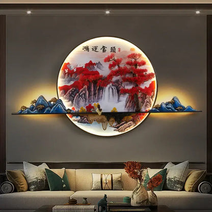 Circular decorbites 3d chinese pine landscape wall lamp with vibrant red blue mountains and gold tone frame for living room decor