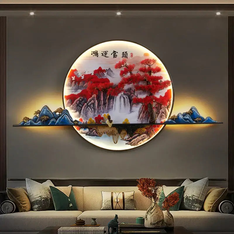 Circular decorbites 3d chinese pine landscape wall lamp with vibrant red blue mountains and gold tone frame for living room decor