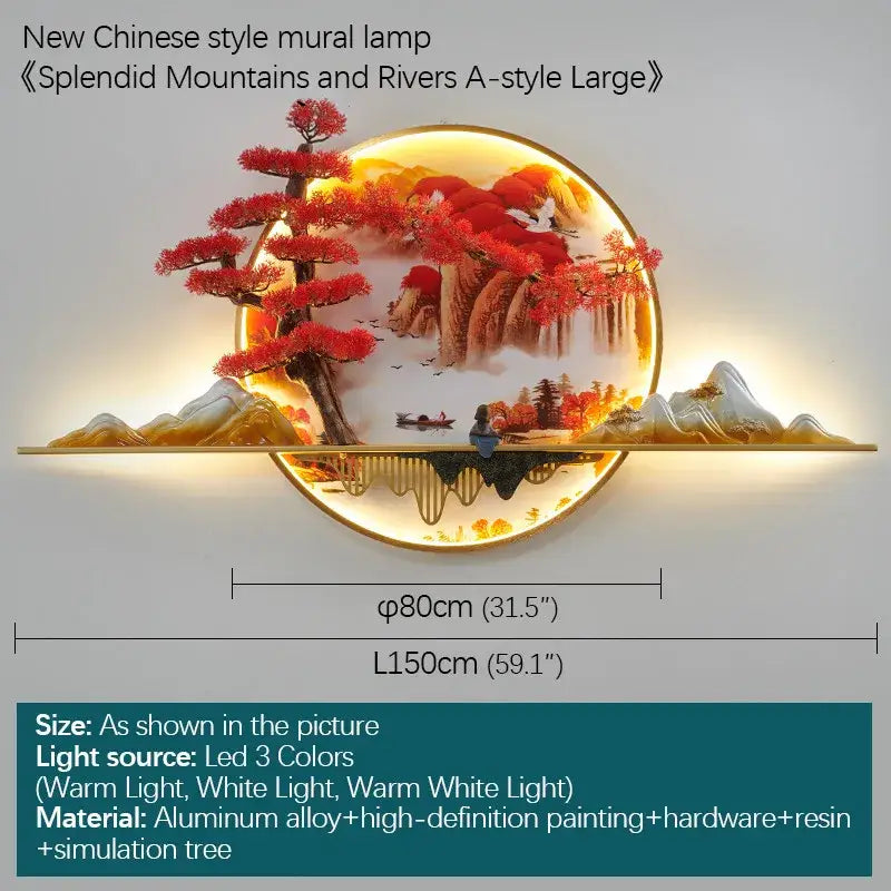 A circular decorbites 3d chinese pine landscape wall lamp with red trees mountains and waterfalls illuminated warmly