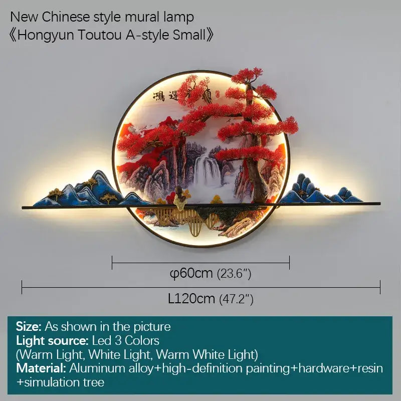 Circular decorbites 3d chinese pine landscape wall lamp with vibrant red tree and blue mountains made of aluminum alloy and resin