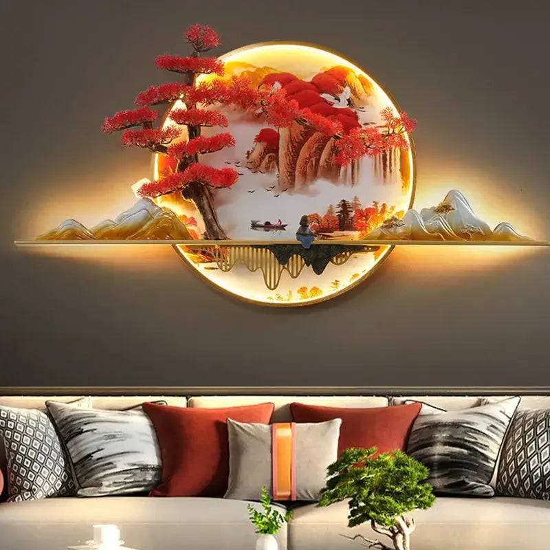 Circular illuminated wall lamp featuring a red maple tree and mountain in warm backlit decorbites 3d chinese pine landscape design