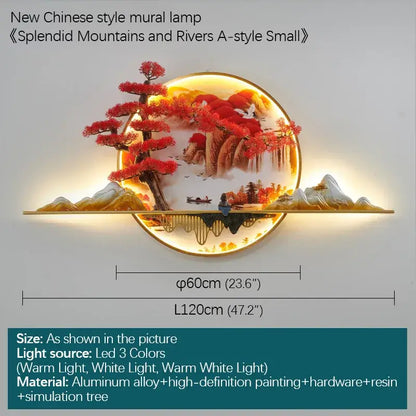 Circular wall lamp with decorbites 3d chinese pine landscape featuring red trees and mountains on aluminum alloy base