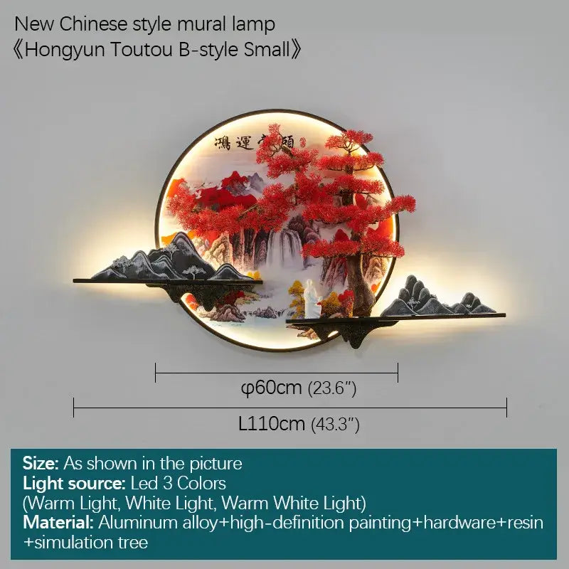 Circular 3d chinese pine landscape wall lamp with vibrant red tree and mountainous waterfall decorbites 3d chinese style