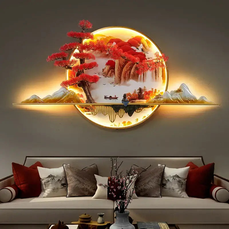 Circular decorbites 3d chinese pine landscape wall lamp with red maple tree and warm backlighting for living room decor