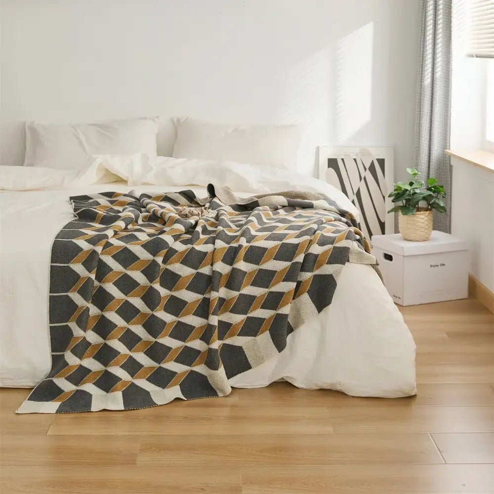 Cozy cube cotton knitted plaid blanket in gray mustard yellow and cream for bedroom decorbites 3d cube throw