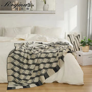 Cozy cube cotton knitted black and beige plaid blanket with geometric 3d cube pattern for bedroom decorbites throw
