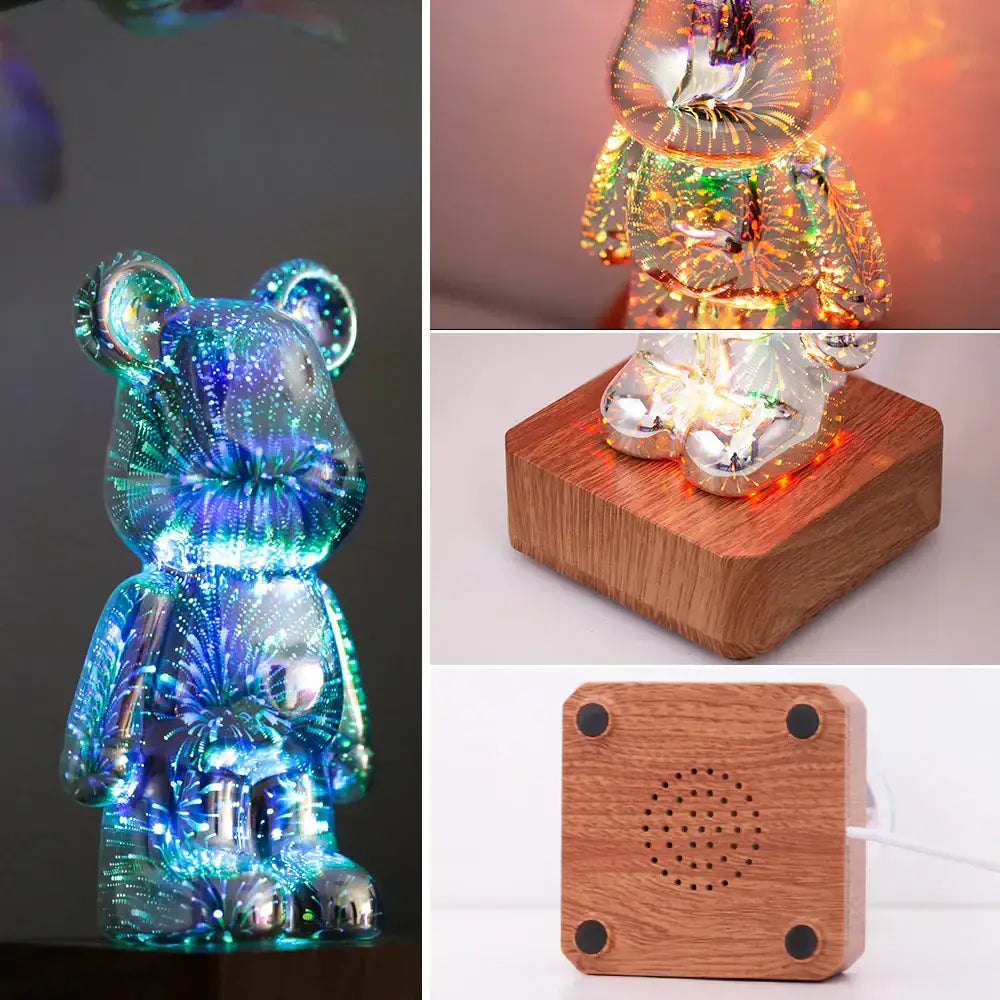 Illuminated 3d firework bear night light with translucent iridescent body and glowing blue green fiber optic patterns