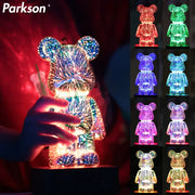 A glowing translucent firework bear night light with sparkling starburst pattern and color options including blue red green purple and yellow
