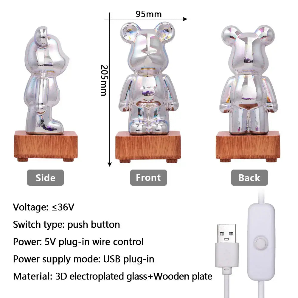 Silver 3d electroplated glass firework bear figurine with wooden base night light for bedroom color changing led lamp